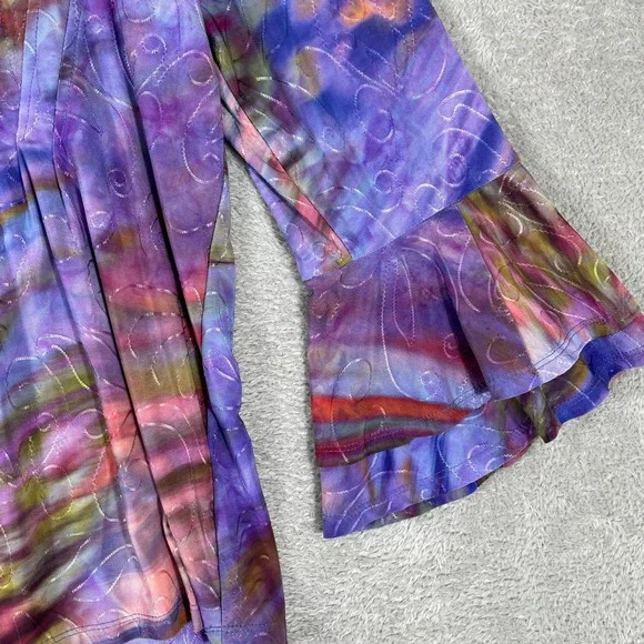 Cocomo Blouse Women XL Purple Tie Dye Bell Sleeve Pleated Henley Boho Whimsigoth - Picture 4 of 9